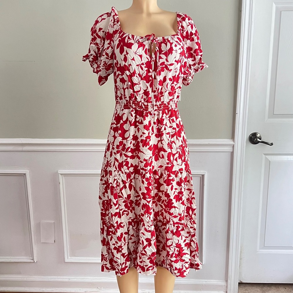 Floral Midi Dress Women Small Puff Sleeve Smocked Tiered Red‎ White Cottagecore